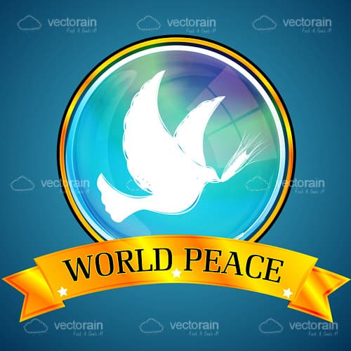 White Dove in a Glass Circular Logo with World Peace Written on a Golden Banner